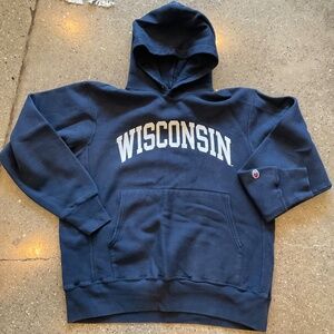 Vintage Champion 'Wisconsin' Hoodie, Large, Navy